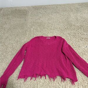 Cato Fuchsia Knit Sweater with Distressed Hem
